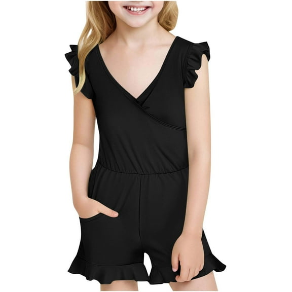 Rompers for Girl2025 Beach New Swim Suits for Girls 2025 Ruffled Sleeve and Shorts Chest Padded Swim Romper One Piece Bathing Suit with Pocket Black 9 Years