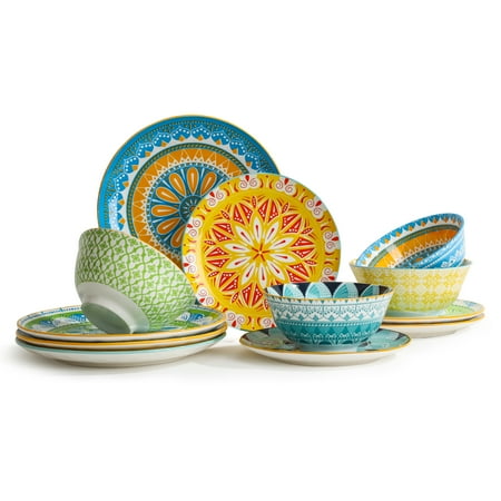 Condition photo showing Good Condition for Dinnerware Set Plates Bowls Sets - 12 Piece Ceramic Dinner Set - Modern Kitchen Dish Set - Colorful Decorative Dishware Set - Ideal for Housewarming Gift - Microwave Dishwasher Safe - Service for 4