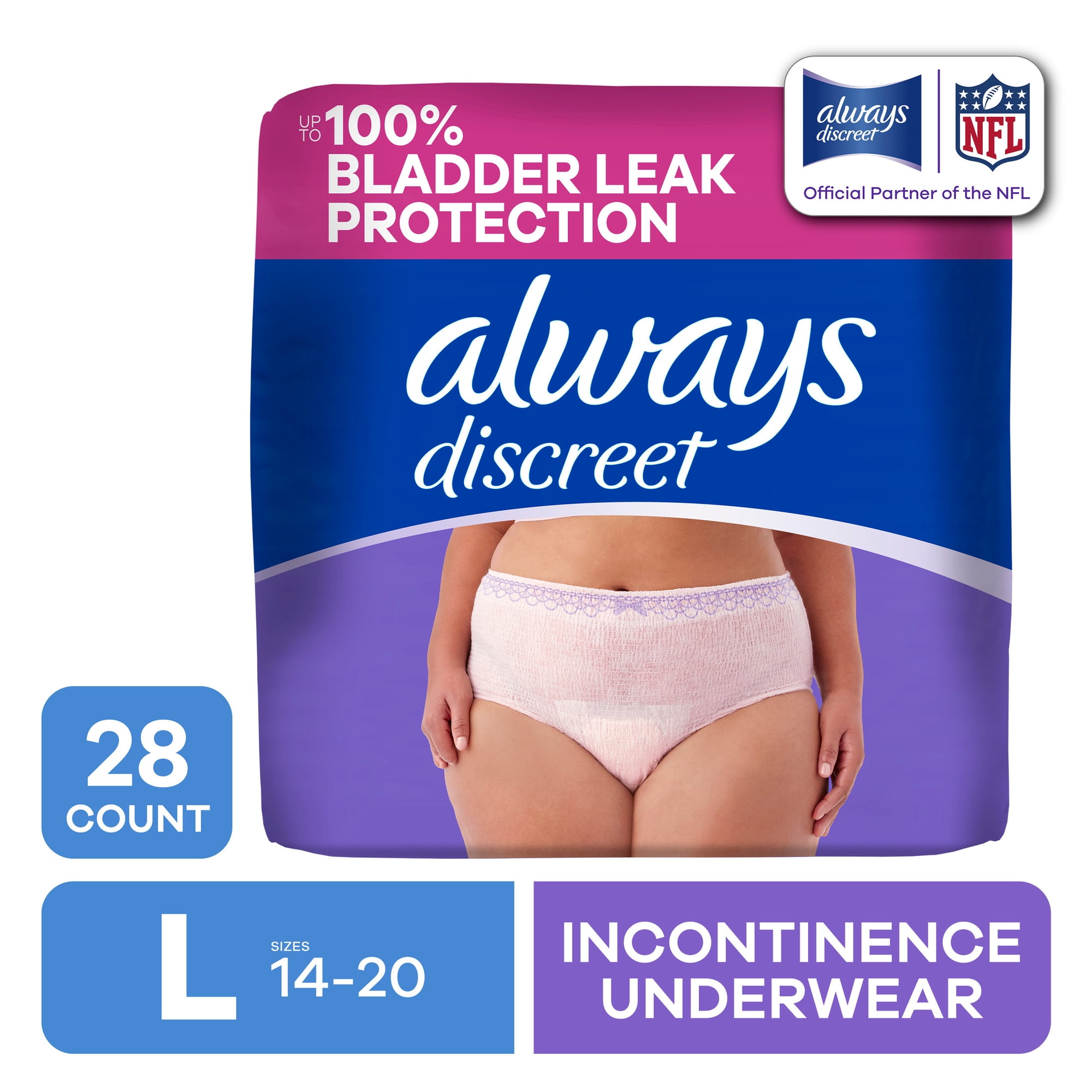 Always Discreet Adult Incontinence Underwear for Women & Postpartum Underwear, L, up to 100% Bladder Leak Protection, 28 Count