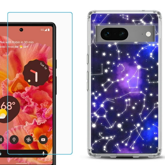 Slim-Fit Gel TPU Phone Case for Google Pixel 7, with Tempered Glass Screen Protector, by OneToughShield ® - Constellations
