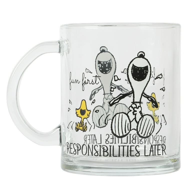 GIBSON HOME GLASS SNOOPY FUN FIRST RESPONSIBILITIES LATER MUG