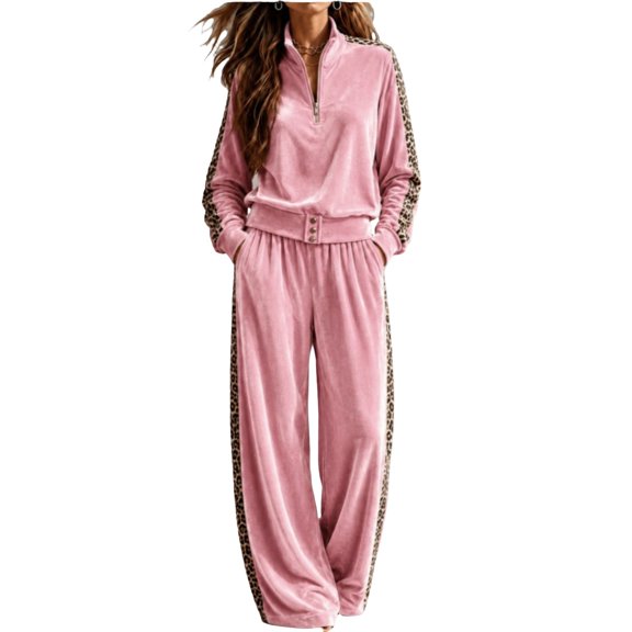 Szluipve 2 Piece Sets for Women Velour Tracksuit 2 Piece Outfit Half Zip Stand Collar Top Leopard Print Side Stripe Wide Leg Pants Casual Loungewear Set Pink M