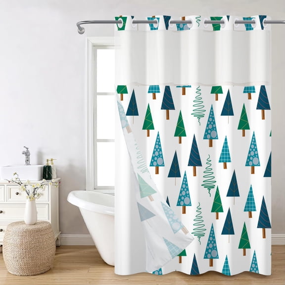 Mizhona Blue and Green Xmas Tree No Hooks Shower Curtains with Snap in Liner Winter Holiday White Hookless Fabric Bathroom Curtain，71"× 86"