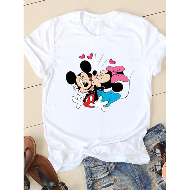 Disney Cartoon Tee Shirt Mickey Mouse Women Short Sleeve Summer Spring Print Clothing Casual Fashion Graphic T-shirtsL Gao Jinjia LED