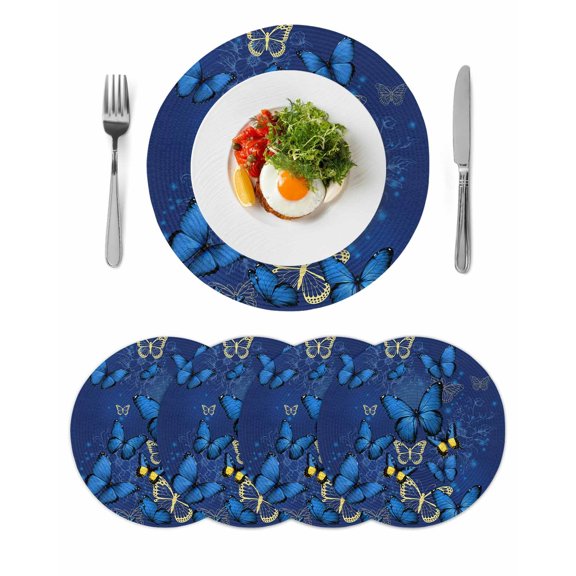 Blue Butterfly Round 13 Inch Placemats Set of 4, Farmhouse Modern Nature Animals Art HeatResistant Non Slip Place Mats for Dining Table, Wipeable Braided Kitchen Table Mats for Housewarming