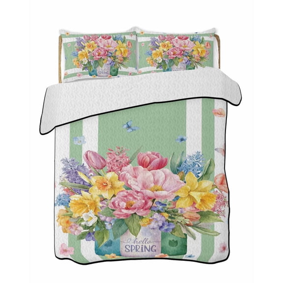 Full Size Quilt Bedding Set, Watercolor Floral Reversible Summer Quilt 3 Pieces, Spring Flowers Butterflies Leaves Green Lightweight Bedspreads Coverlets with 2 Pillow Shams for All Seasons
