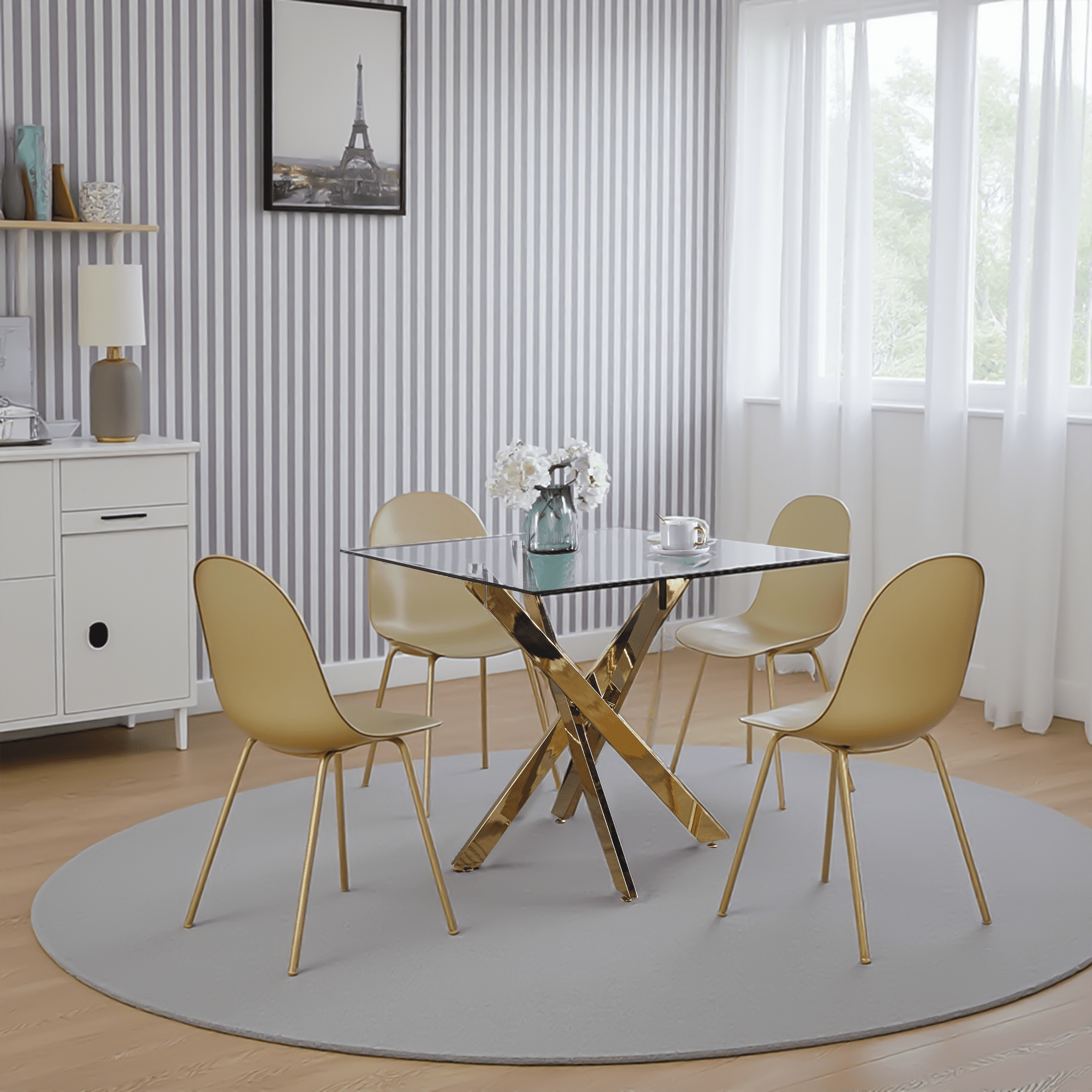 MAYEERTY Modern Golden Dining Table Cross Legs Glass Top Luxurious Living Room