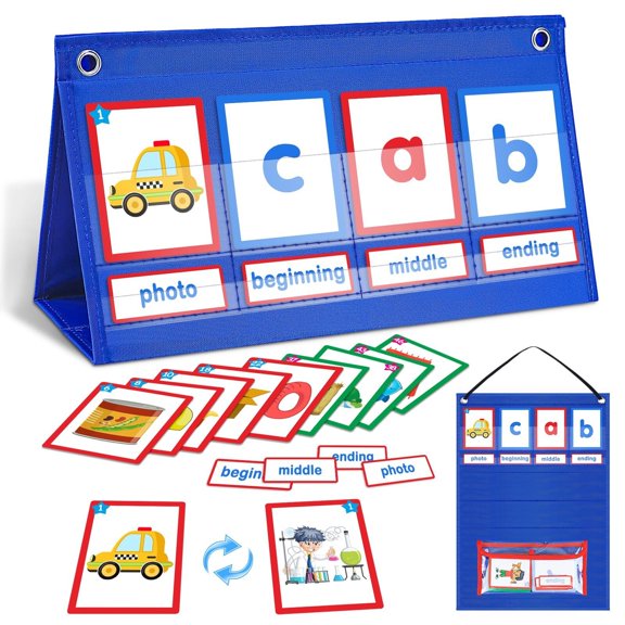 CVC Word Building Desktop Pocket Chart with 108 Phonics Flash Cards for Early Reading & Spelling | Montessori Educational Toy for Preschool, Kindergarten, and Homeschooling