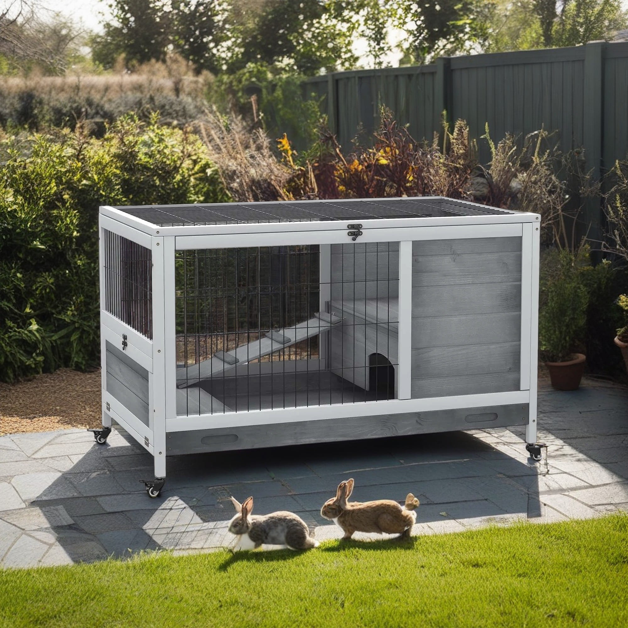Pefilos 35.5" Wooden Rabbit Hutch for Indoor with Ramp, Removable Tray and Universal Wheel, Small Animals Habitat Bunny Enclosure, Gray