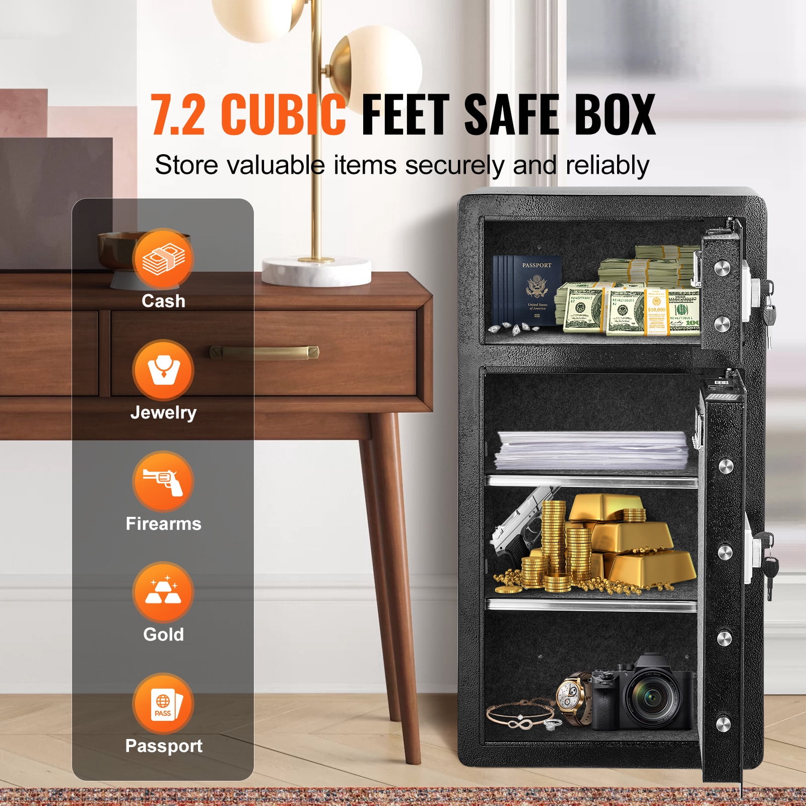 KFFKFF Dual-Entry 7.2 cu.ft Security Safe, featuring Key & Code Access, Fire-Resistant Pouch, Illumination, Key Organizer, plus Adjustable/Removable Shelves for Cash, Papers, Precious Items