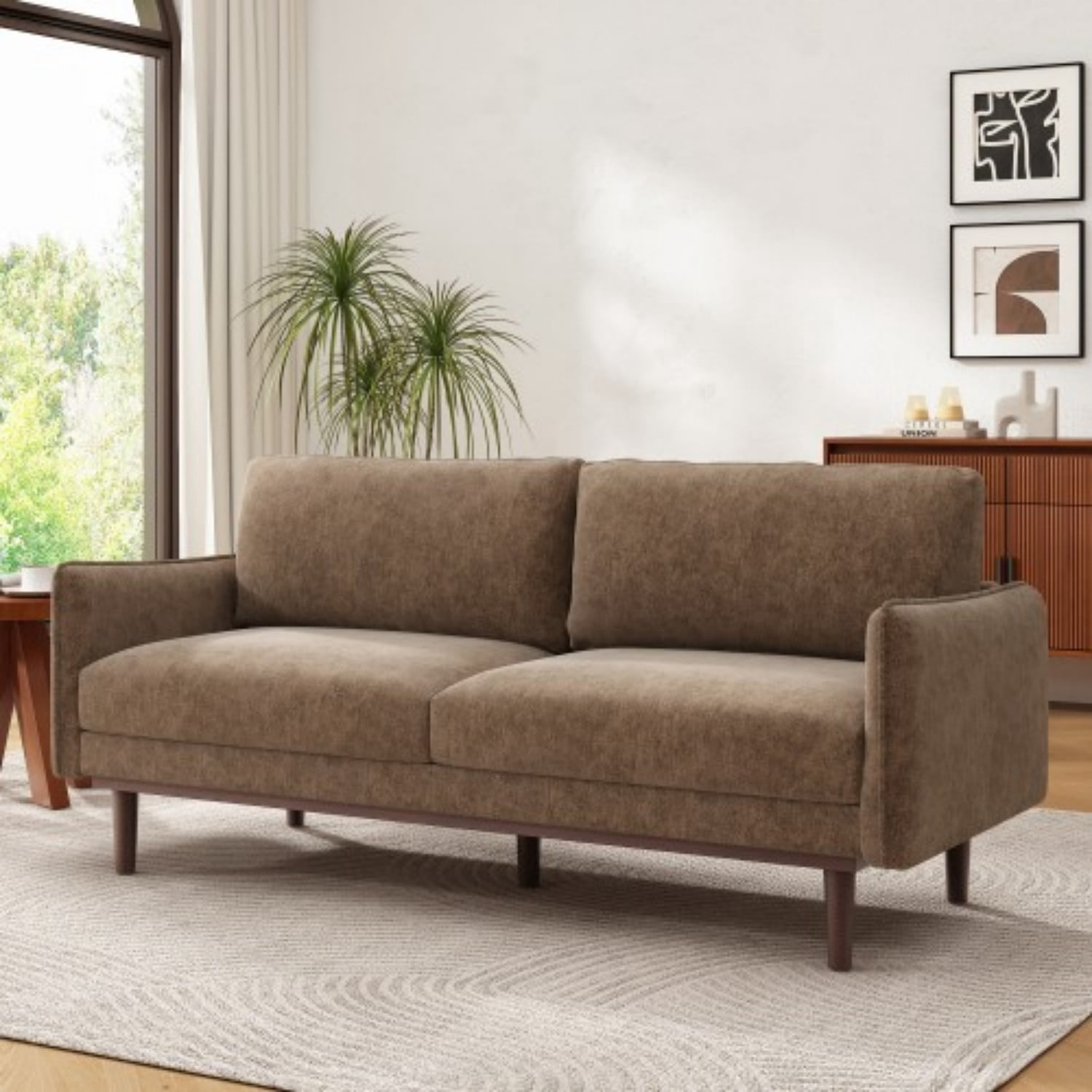 Modern Style Loveseat Sofa 75.75" 2 Seater Sofa Couch with Spacious Seating Area, Chenille Fabric Upholstered Sofa with Pocket Spring Cushions and Rubber Wood Legs for Living Room, Brown