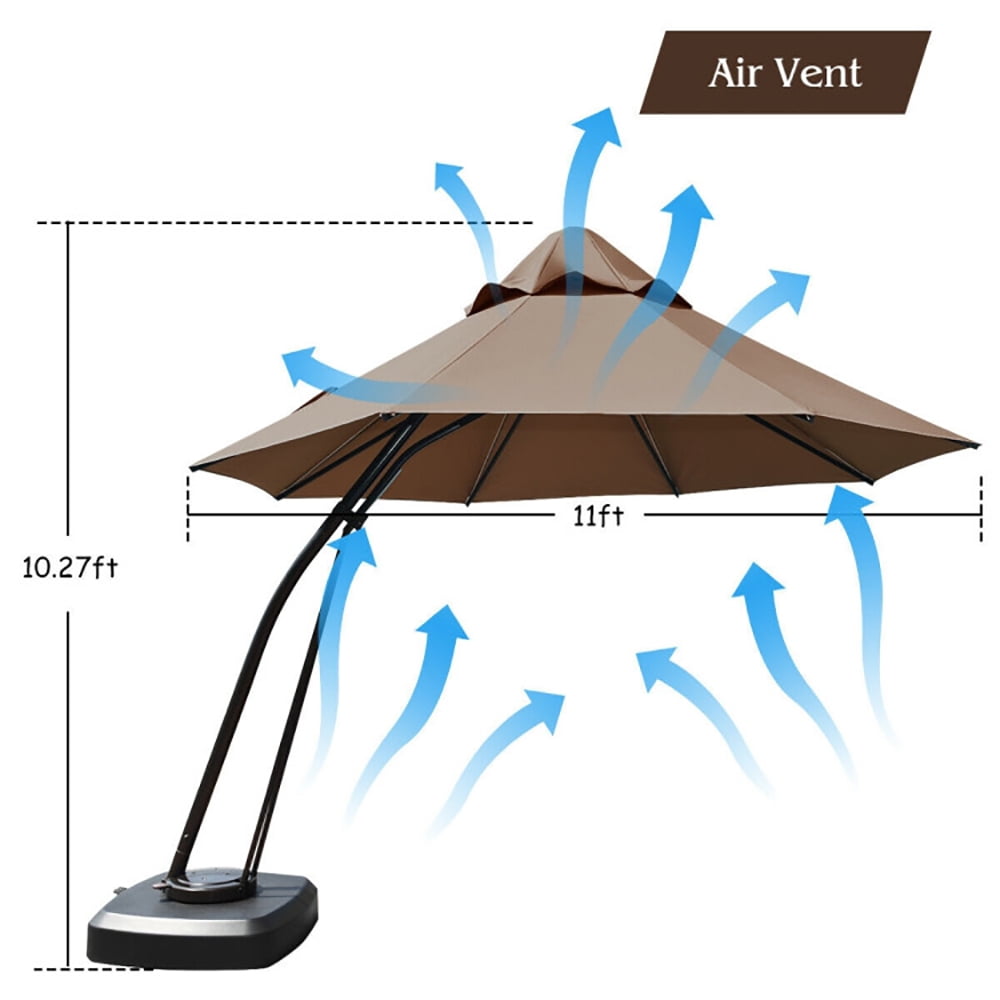 Aimee Lii 11 Feet Outdoor Cantilever Hanging Umbrella with Base and Wheels, Sunbrella Patio Umbrellas, Tan Aimee Lii 11 Feet Outdoor Cantilever Hanging Umbrella with Base and Wheels, Sunbrella Patio Umbrellas, Tan