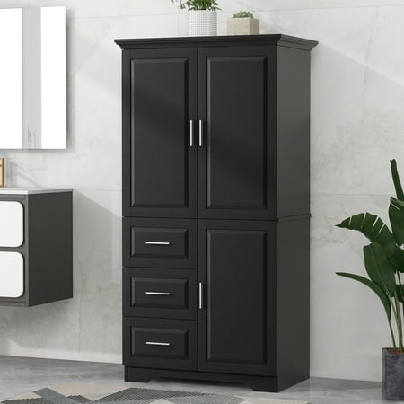 Euroco Tall Freestanding Storage Cabinet with 3 Drawers and Adjustable Shelf, Wide Linen Tower Cabinet with Doors, Waterproof Painted MDF, Anti-Tipping Kit