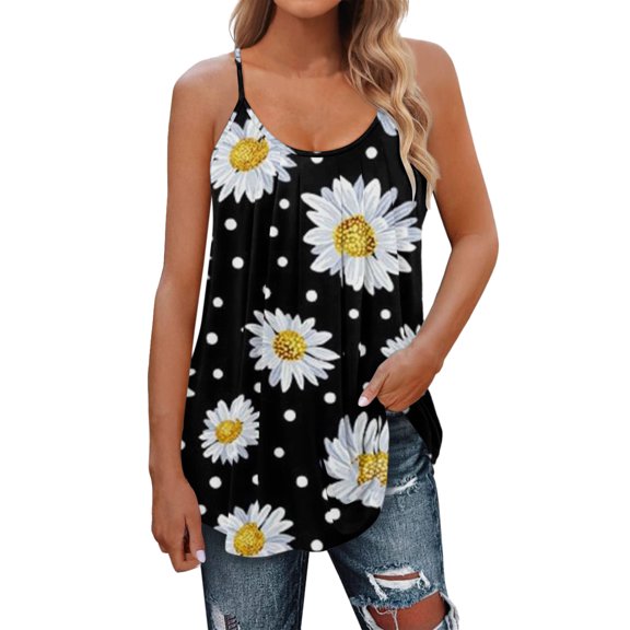Fshinging 2026 Summer Fashion Tank Top for Women Pleated Spaghetti Strap Camisole Sleeveless Floral Print Holiday Cami Undershirts Black L