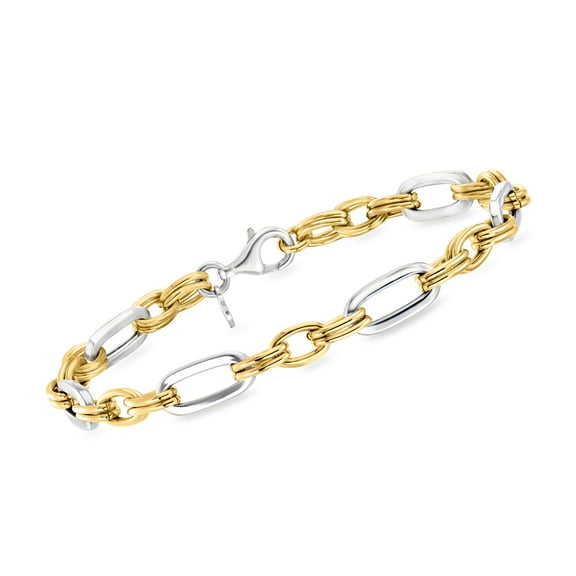 Ross-Simons Italian Sterling Silver and 18kt Gold Over Sterling Alternating Cable and Paper Clip Link Bracelet, Women's, Adult