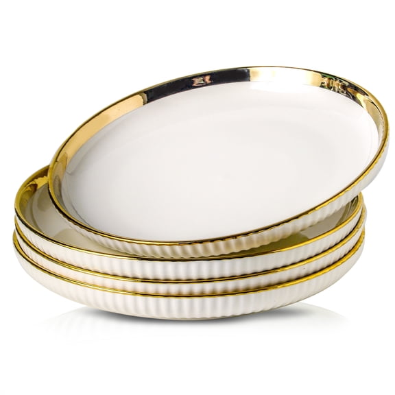 10-inch dinner plate set, 4 white porcelain plates, gold rim,White