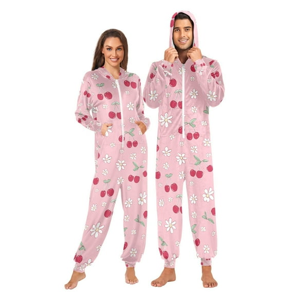 FORMRS Onesies Pajama for Adults Unisex Hoodie Winter Jumpsuit One Piece Sleepwear, Sizes S-2XL, Pink Cute Cherry Pattern