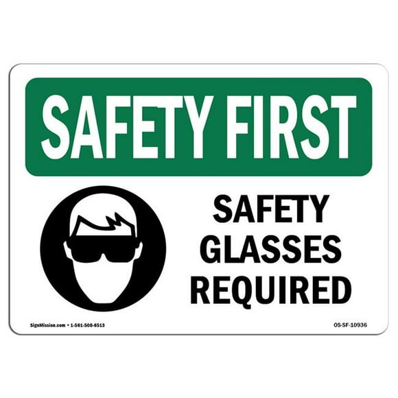 SignMission OS-SF-D-35-L-10936 Safety First Safety Glasses Required with Symbol OSHA Decal Sign