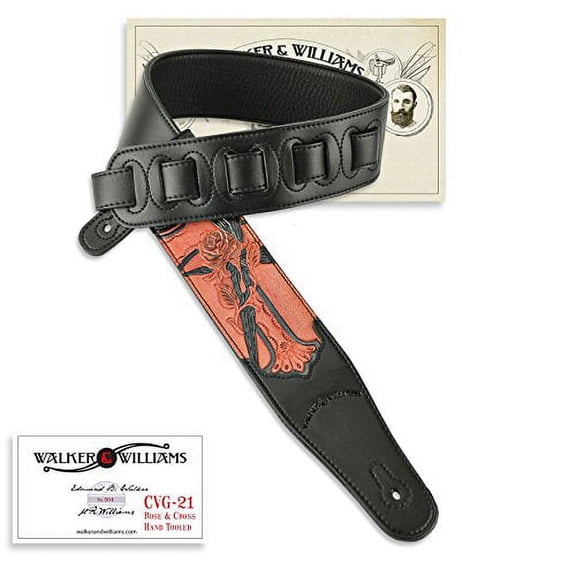 Walker & Williams CVG-21 Black Padded LeatherÂ Christian Guitar Strap Hand Tooled Rose & Cross