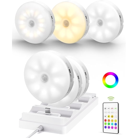 Thinway Under Cabinet Lighting with Charging Station,1000mAh Rechargeable Puck Lights with Remote, 3 Color Temps & 12 RGB Closet Lights, Dimmable Motion Sensor Lights for Shelf, Kitchen (6 Packs)