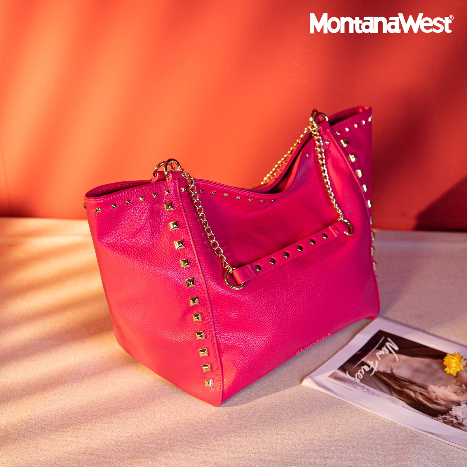 Montana West Large Tote Bag for Women Oversized Shoulder Purses with Chain Handbags, Hot Pink