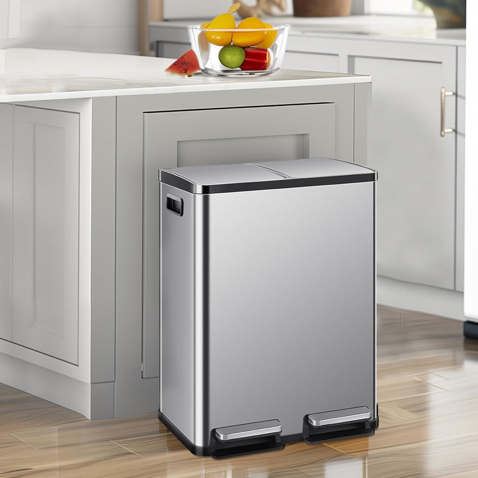 Casabay 16 Gal Stainless Steel Step Pedal Trash Can, Pet-Proof Soft Close Lid with 2 Removable Inner Buckets, Recycling Bin for Home, Silver