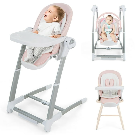 Costway Silla Alta Plegable Modo Columpio Trona 3 en 1 con 8 Alturas Ajustables Respaldo Reclinable Reposapiés Bandeja Doble Desmontable Rosa