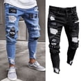 thumbnail image 4 of Men Stretchy Ripped Skinny Biker Hip Hop Jeans Destroyed Taped Patch Slim Pencil Denim Long Pants, 4 of 5