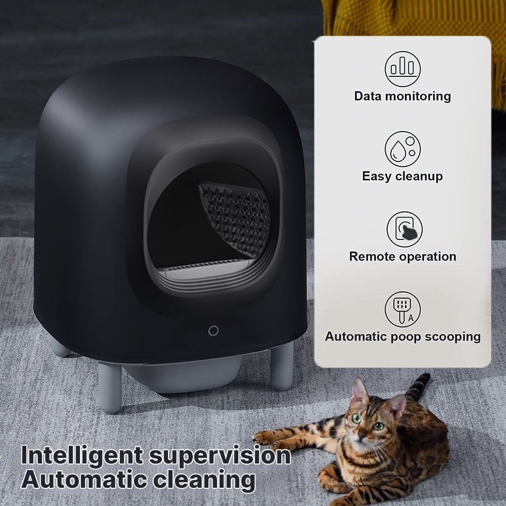 Aoruefar Automatic Cat Litter Box, APP Remote Control Self Cleaning Cat Litter Box, Alerts, Odor Suppression, For Multiple Cats Family with Black Shell
