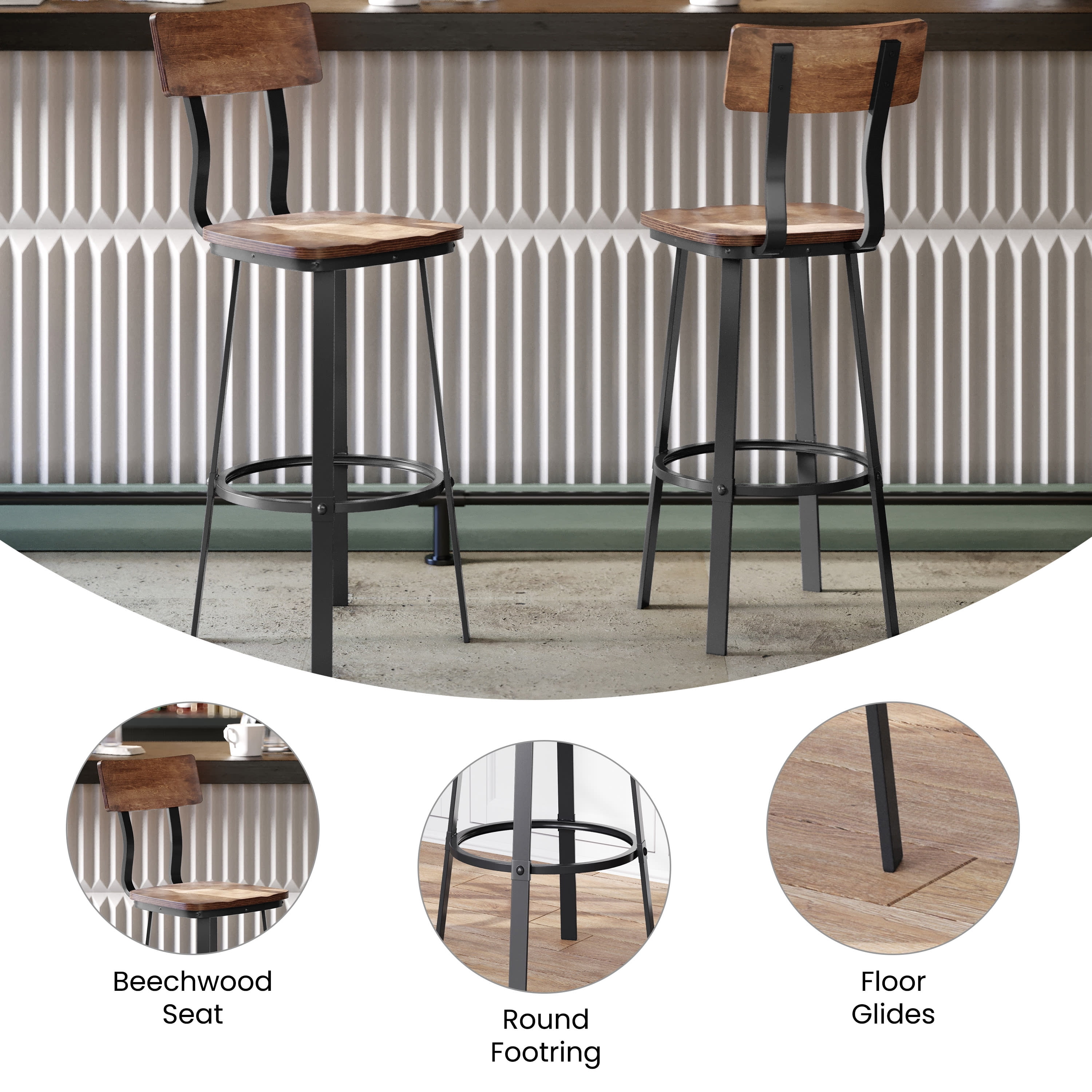 Emma + Oliver Antique Copper Dining Bar Stool with Wood Back/Seat and Gray Powder-Coated Frame