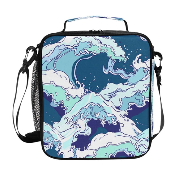 Blue Sea Waves Insulated Lunch Bag Reusable Lunch Box Lunch Container with Straps
