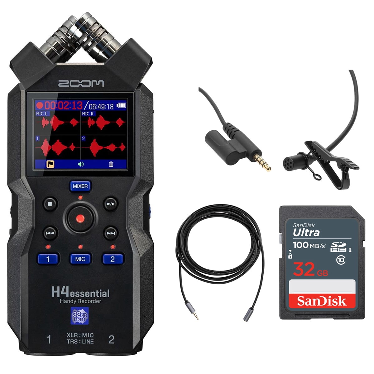 Zoom H4essential 4-Track 32-Bit Float Handy Recorder Bundle with Turnstile TASL500 Lavalier Microphone and H&A HA-OM-L Lavalier Microphone with 3.5mm Locking Connector