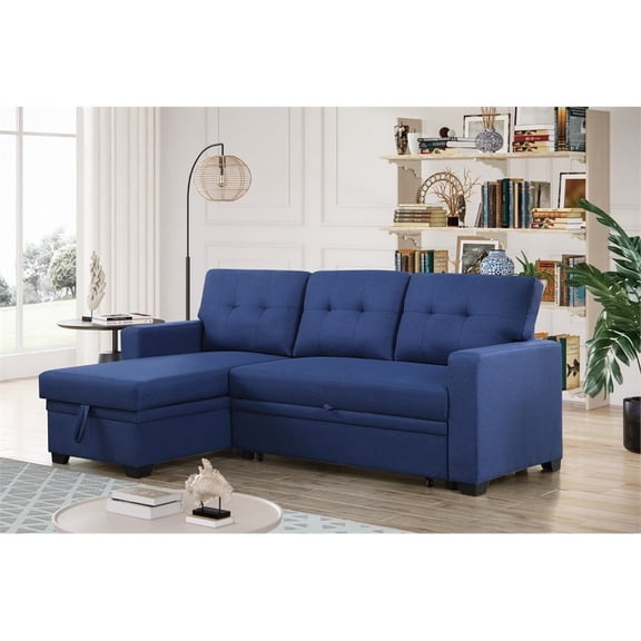 Devion Furniture Polyester Fabric Reversible Sleeper Sectional Sofa-Blue