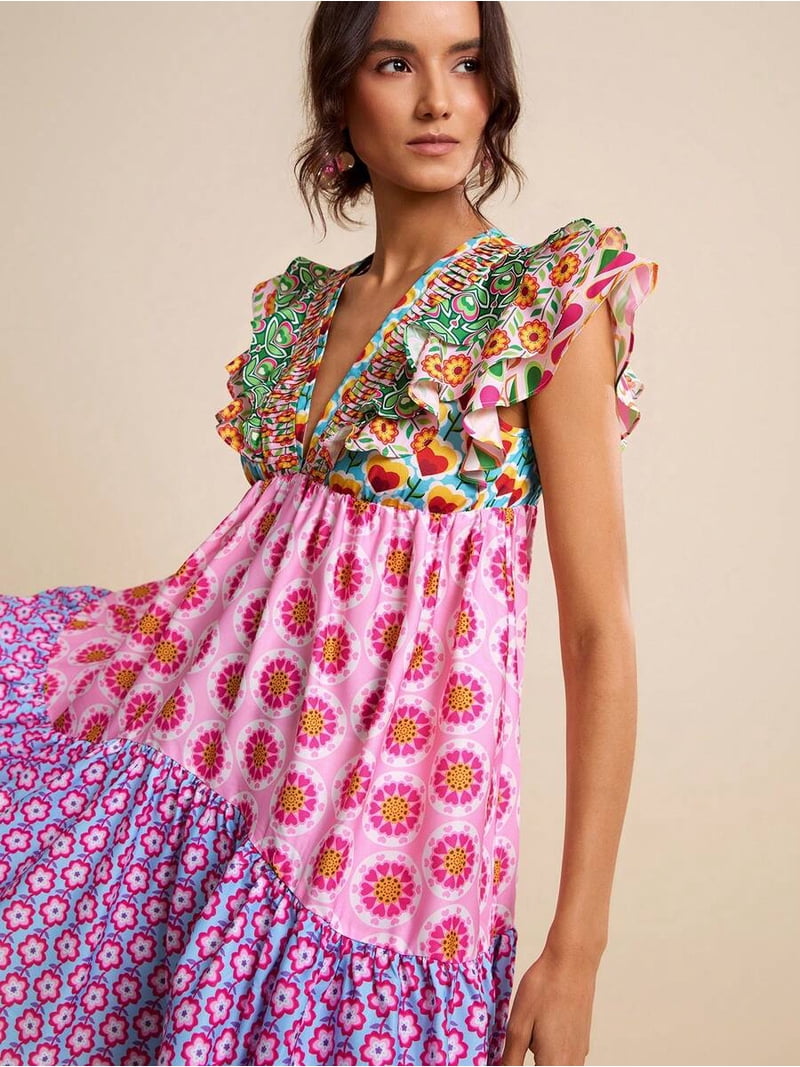 patchwork floral mini dress Social Bloom Floral Patchwork Mini Dress VICI