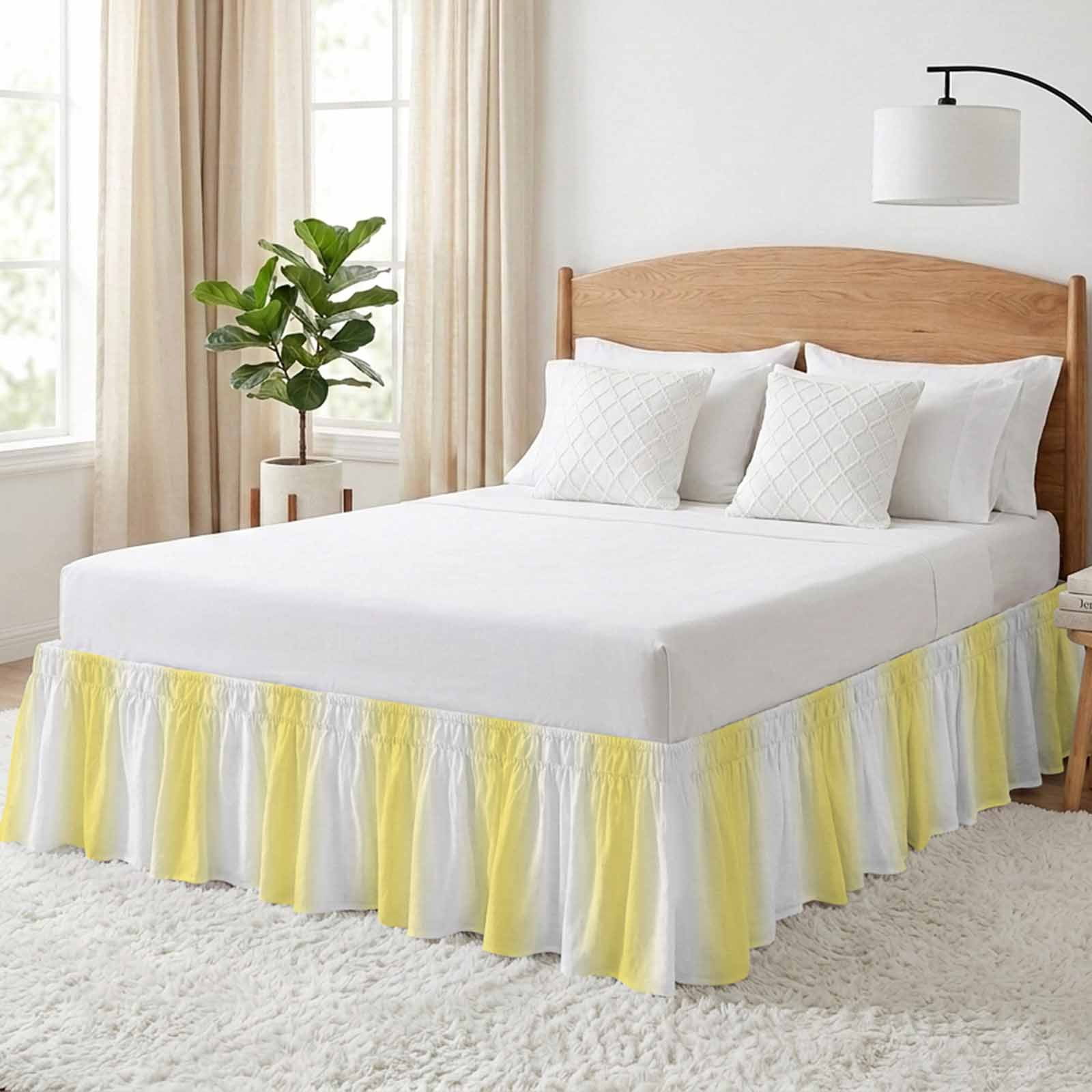 Lemon Yellow White Bed Skirt Queen Size, Gradient Vertical Stripes Geometric Wrap Around Bed Skirting with Adjustable Elastic Strap, Dust Ruffle Pleated Bedskirts 16 Inch Drop for Bedroom Queen Beds