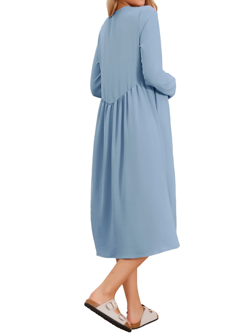 Inspire Chic Women's Maternity Nursing Breastfeeding Dress Zip Front Tiered Long Sleeve Round Neck Pleated Midi Maternity Pregnancy Dress 2XL Blue