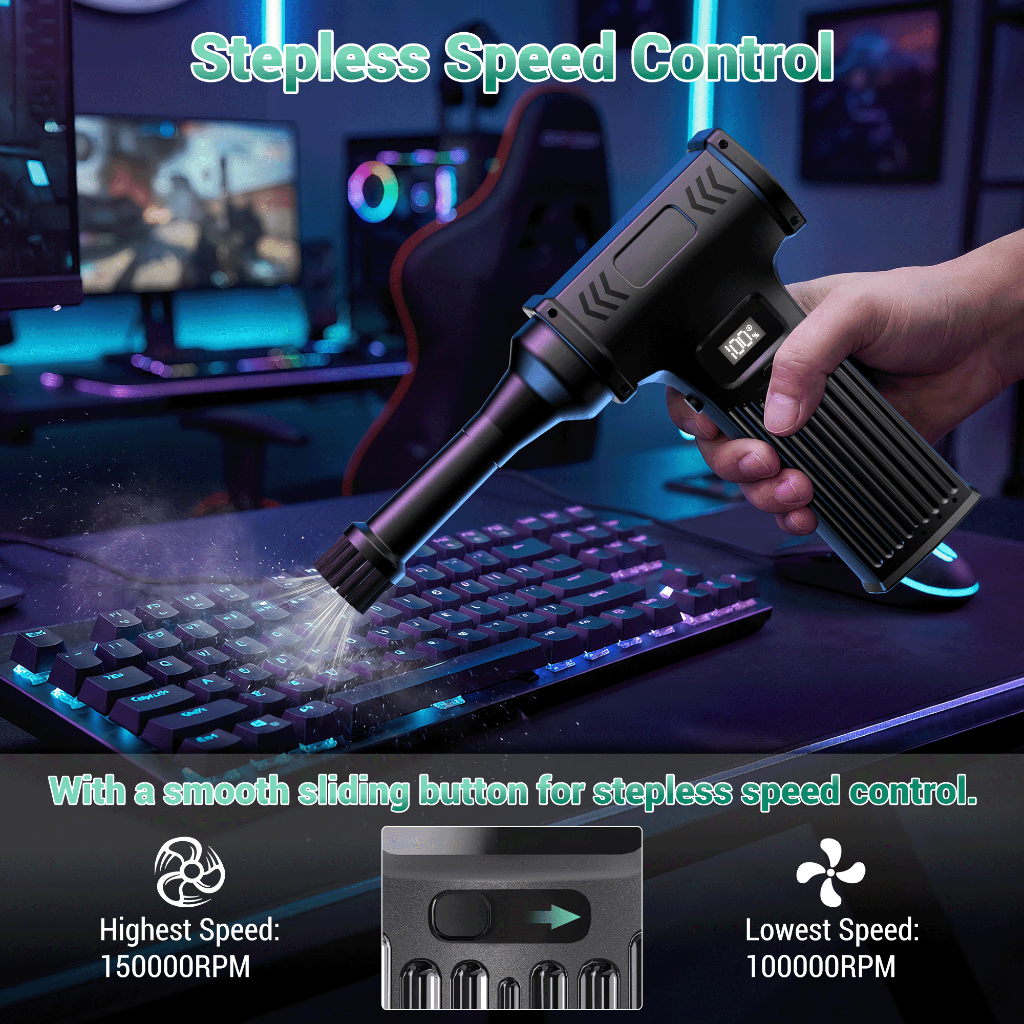 NIGHTEEN Compressed Air Duster,150000 RPM Cordless Electric Air Duster for Computer Cleaning with Brushes and Nozzles