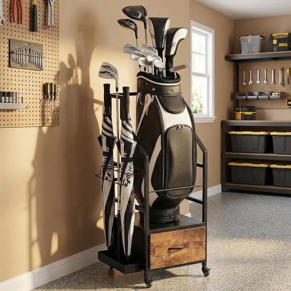 Heavy-Duty Golf Bag Organizer Rack with Wheels for Garage Storage