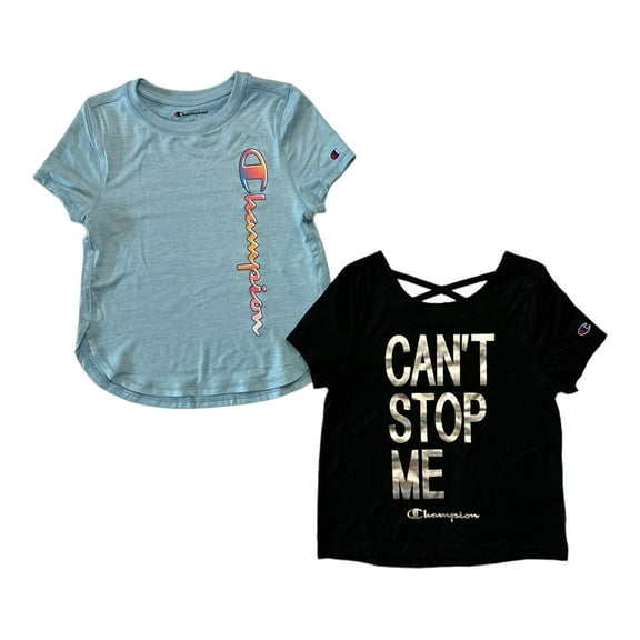 Champion Girl's 2 Pack Polyester & Cotton Graphic Print Active Tees (Black/Candid Blue, 5/6)