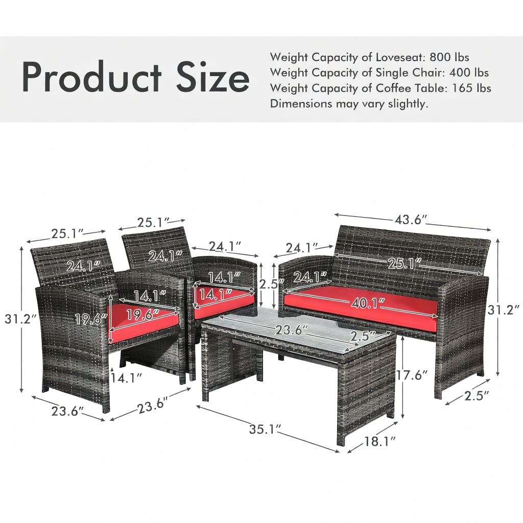 Hommoo 4-Piece PE Rattan Patio Furniture Set with Removable Cushions, Loveseat, 2 Single Chairs & Tempered Glass Coffee Table for Backyard, Garden or Balcony, Red