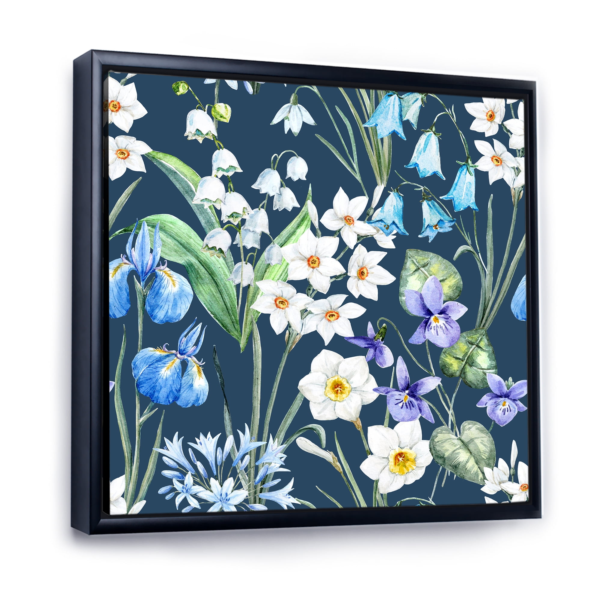 Designart 'Blue and White Spring Flowers On Dark Blue' Traditional Framed Canvas Wall Art Print