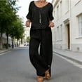thumbnail image 2 of IWRICH 2 Piece Outfits for Women Half Sleeve Linen Sets Crew Neck Tops Wide Leg Pants Set Plus Size Summer Matching Suits Black M, 2 of 4