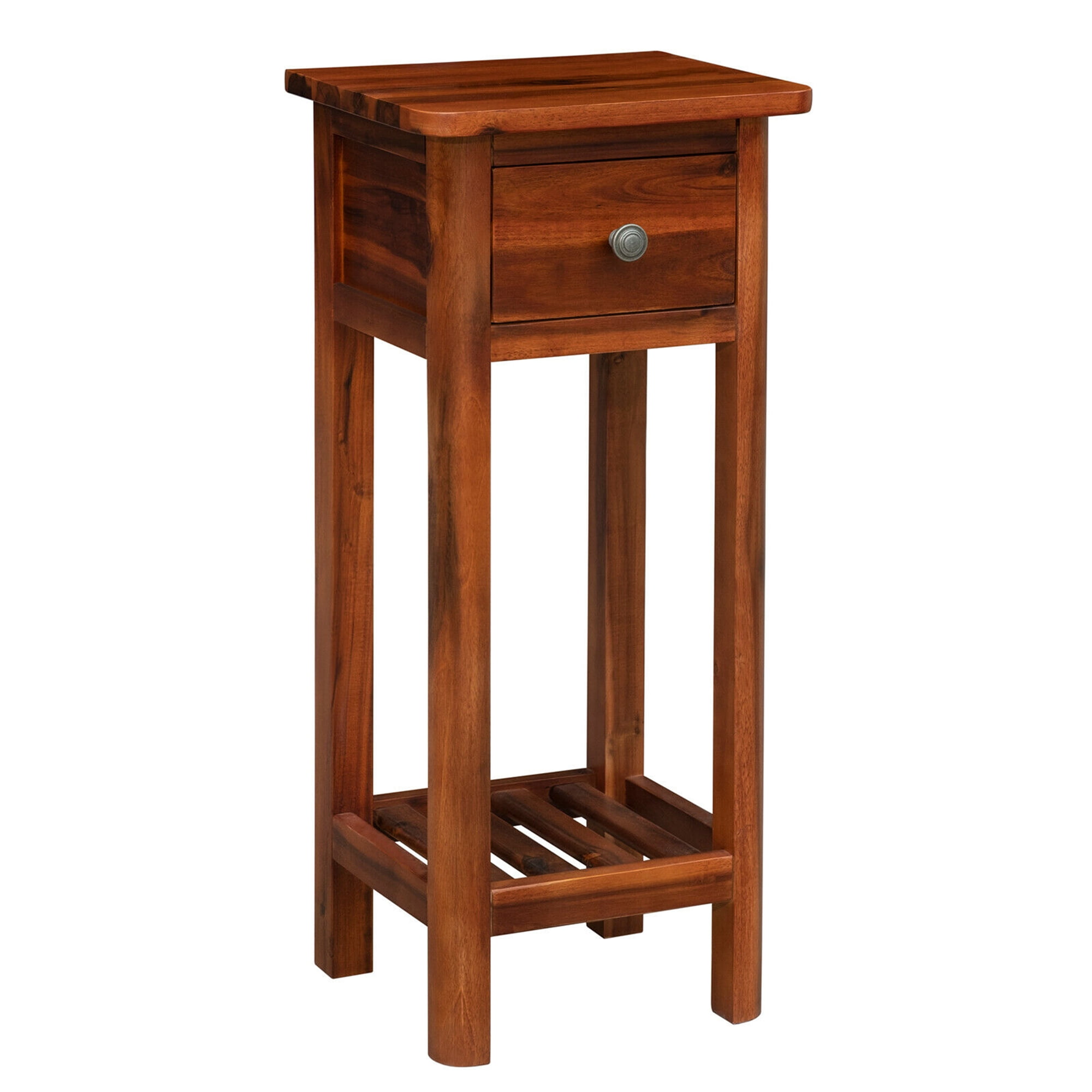 Gymax Acacia Wood Side Table with Drawer, Brown