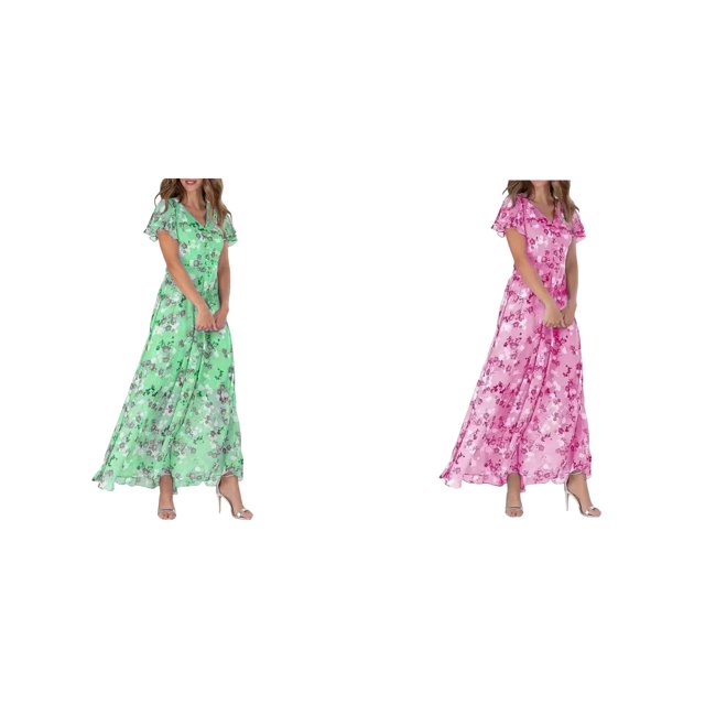 (2-Pack) Rinsvye Womens Beach Maxi Dress Chiffon Floral Sleeveless Ruffle Hem V Neck Summer Vacation Wear