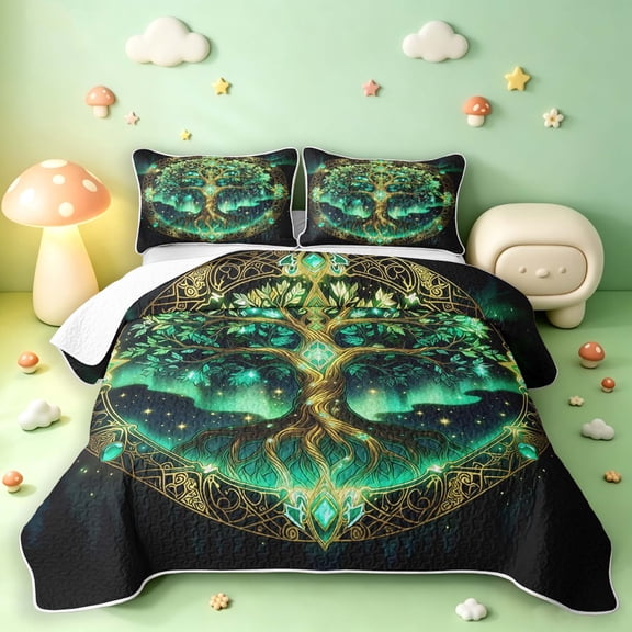 Homewish Astrology Tree Of Life Twin Quilt Set,Nature Boho Aesthetic Twin Coverlet Set,Green Gold,Black Reversible,2pcs