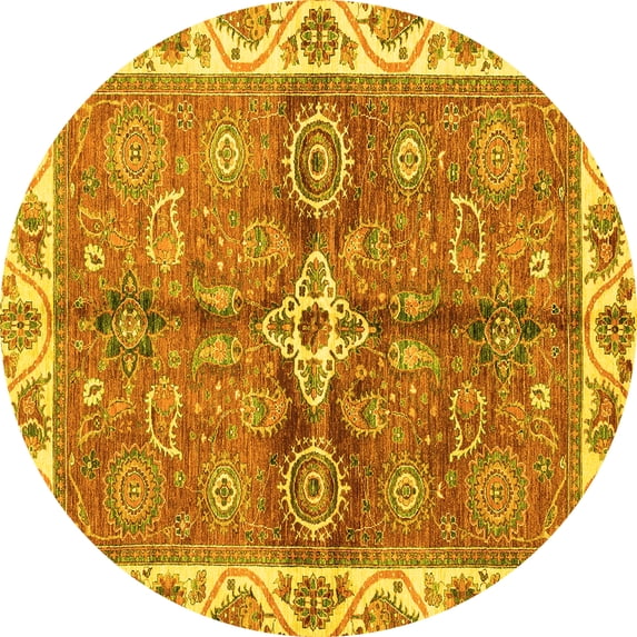 Ahgly Company Machine Washable Indoor Round Oriental Yellow Traditional Area Rugs, 5' Round