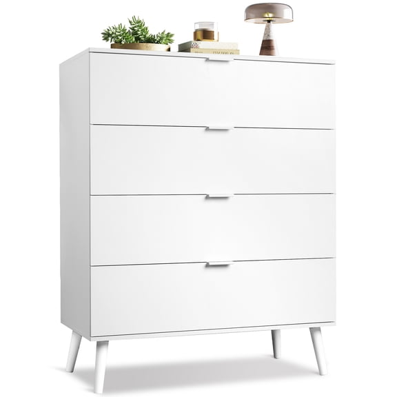 GALAXHERO 4 Drawer Dresser for Bedroom, Wood Chest of Drawers, Organizer Unit with Metal Handle for Living Room, Closet, Hallway, White