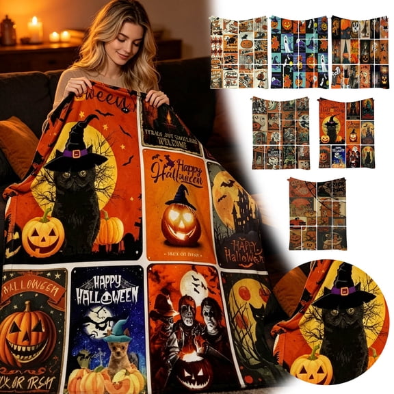 Halloween Throw Blanket Gifts for Adults Kids, Patchwork Pattern Soft Flannel Blankets for Bed Couch - 50"×60"
