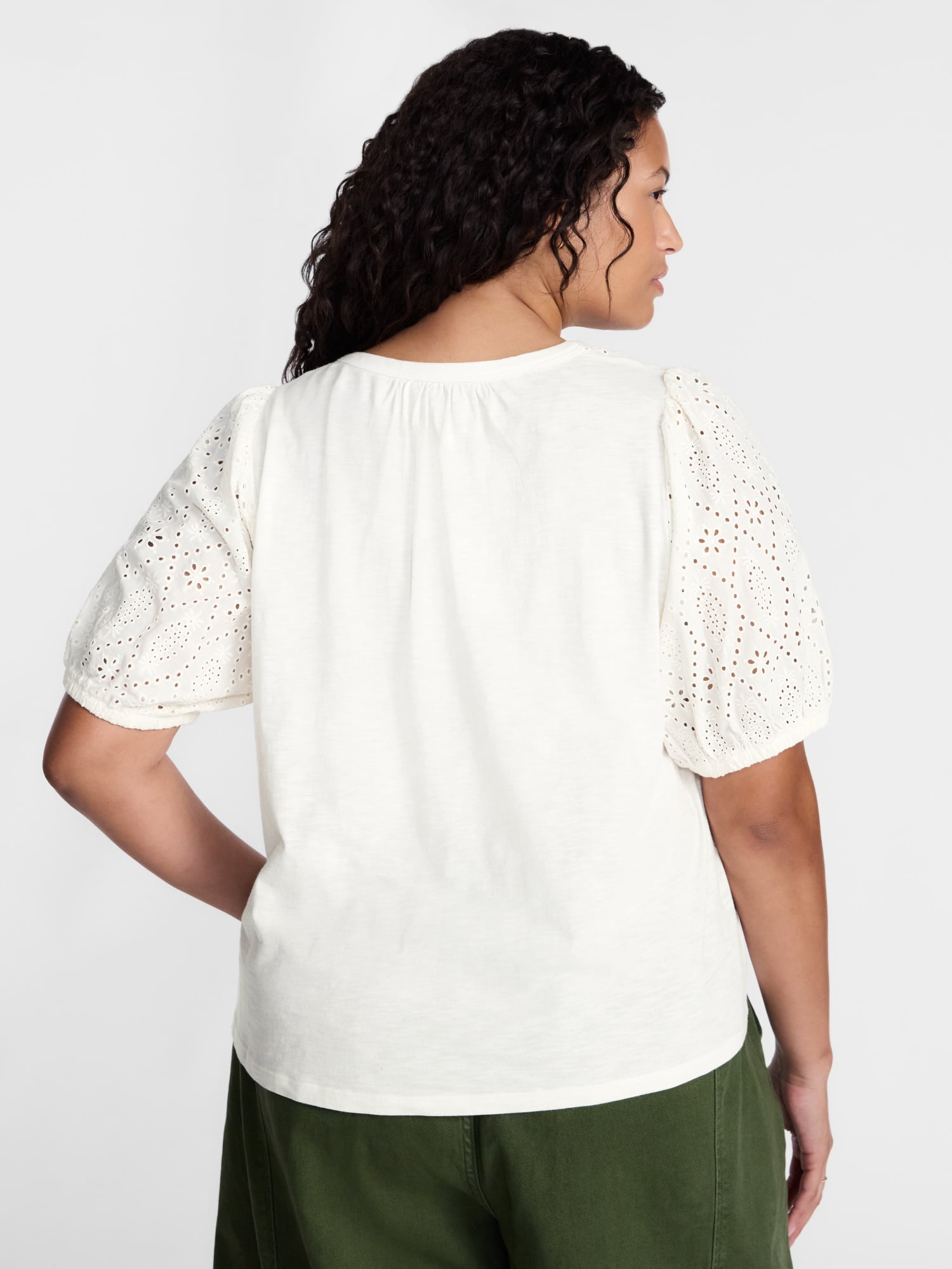 Terra & Sky Women's Plus Eyelet Yoke Top with Short Puff Sleeves, Sizes 0X-5X
