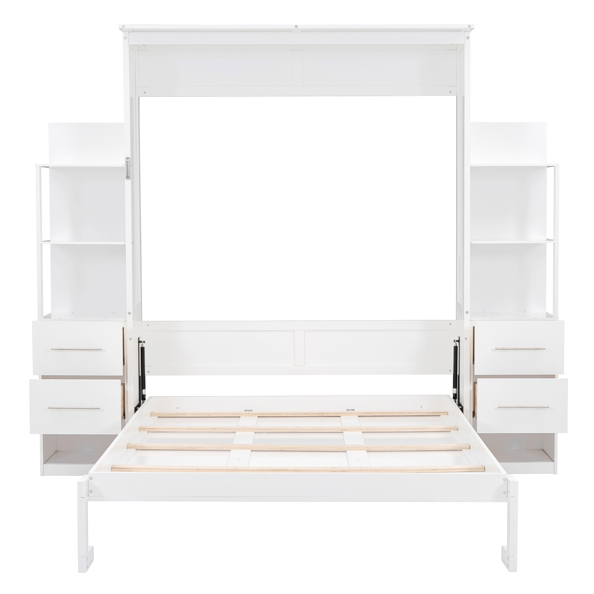 Queen Size Murphy Bed Wall Bed with Open Shelves, 4 Drawers and LED Lights for Bedroom, Guest Room